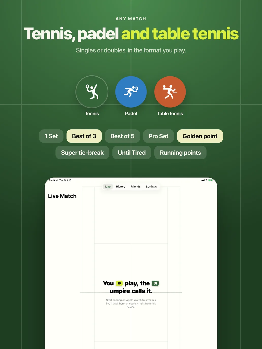 Tennis, padel and table tennis on iPad
