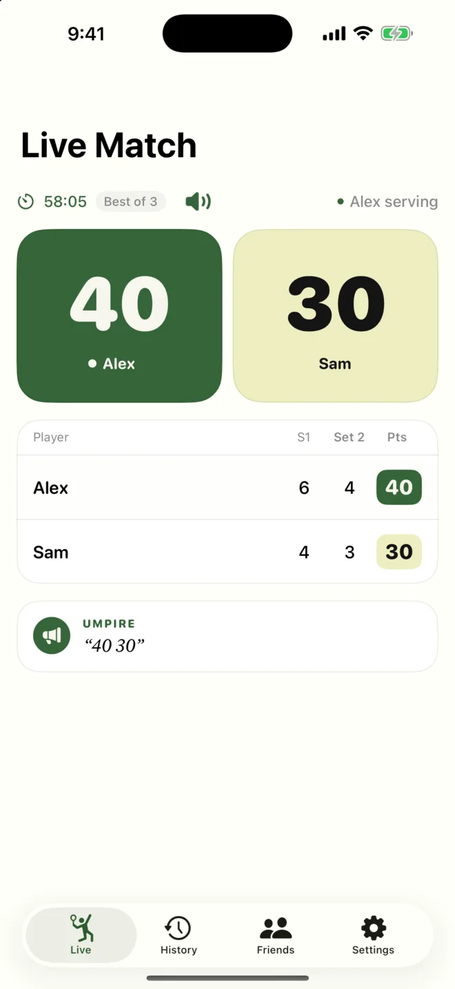 A live match on iPhone: 40-30, with the umpire's call
